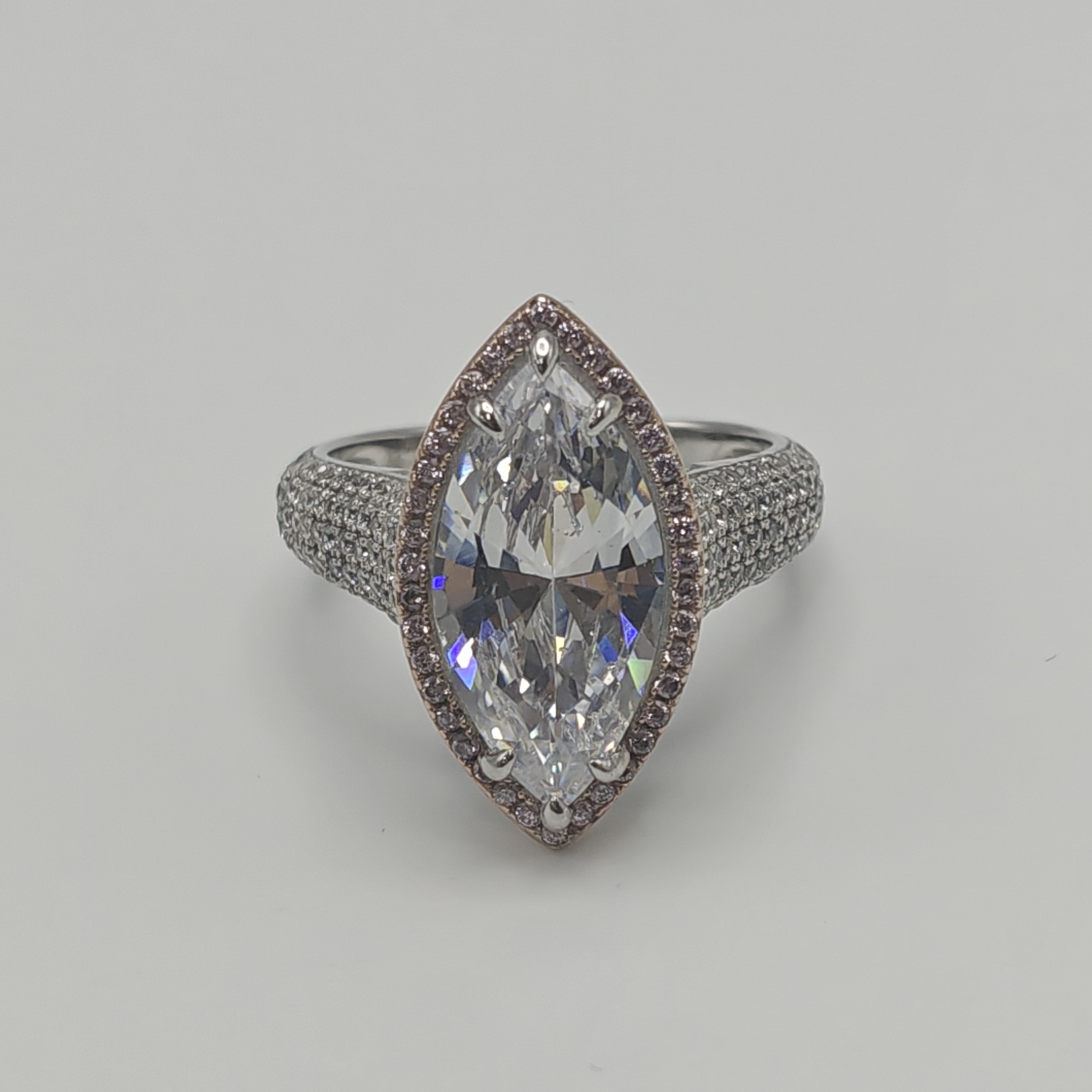 4ct Pave Set Marquise Cut White Stone Ring with Pink Halo