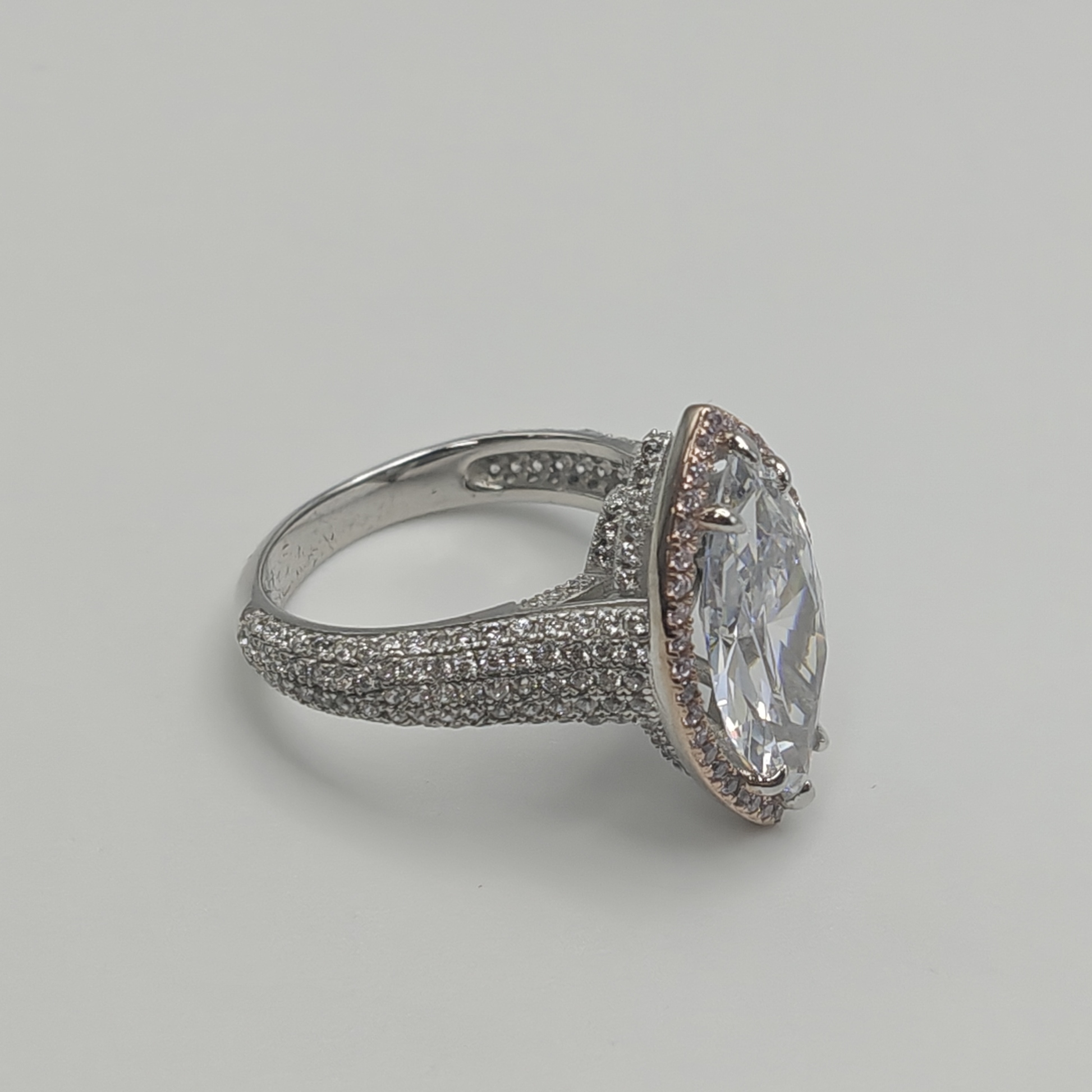 4ct Pave Set Marquise Cut White Stone Ring with Pink Halo