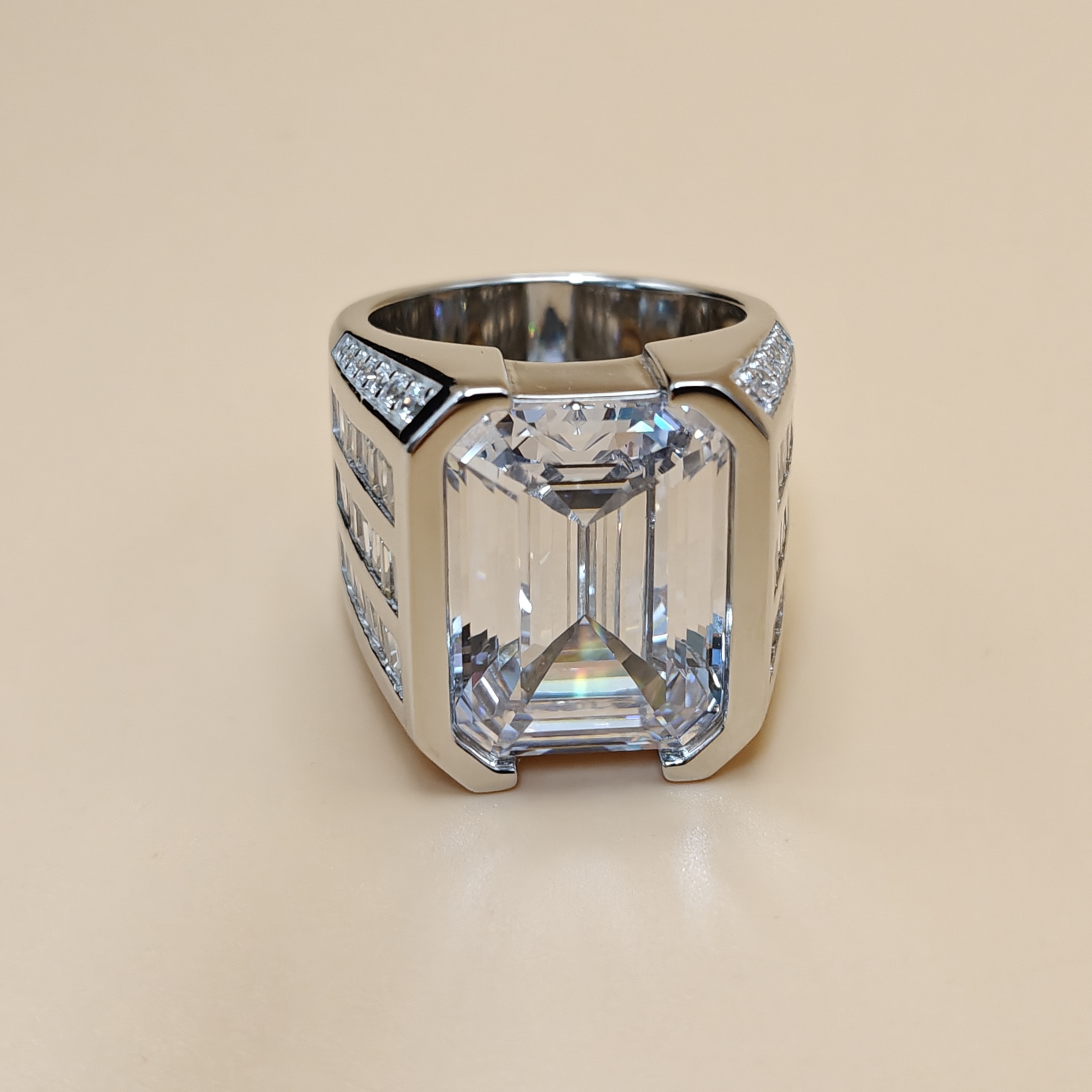 20ct Men's Emerald Cut White Stone Ring