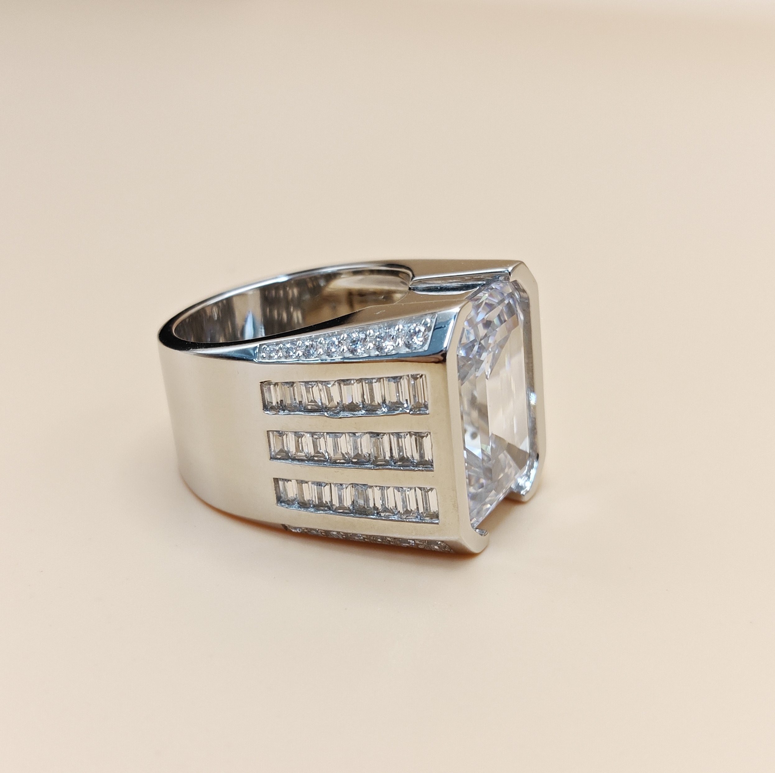 20ct Men's Emerald Cut White Stone Ring