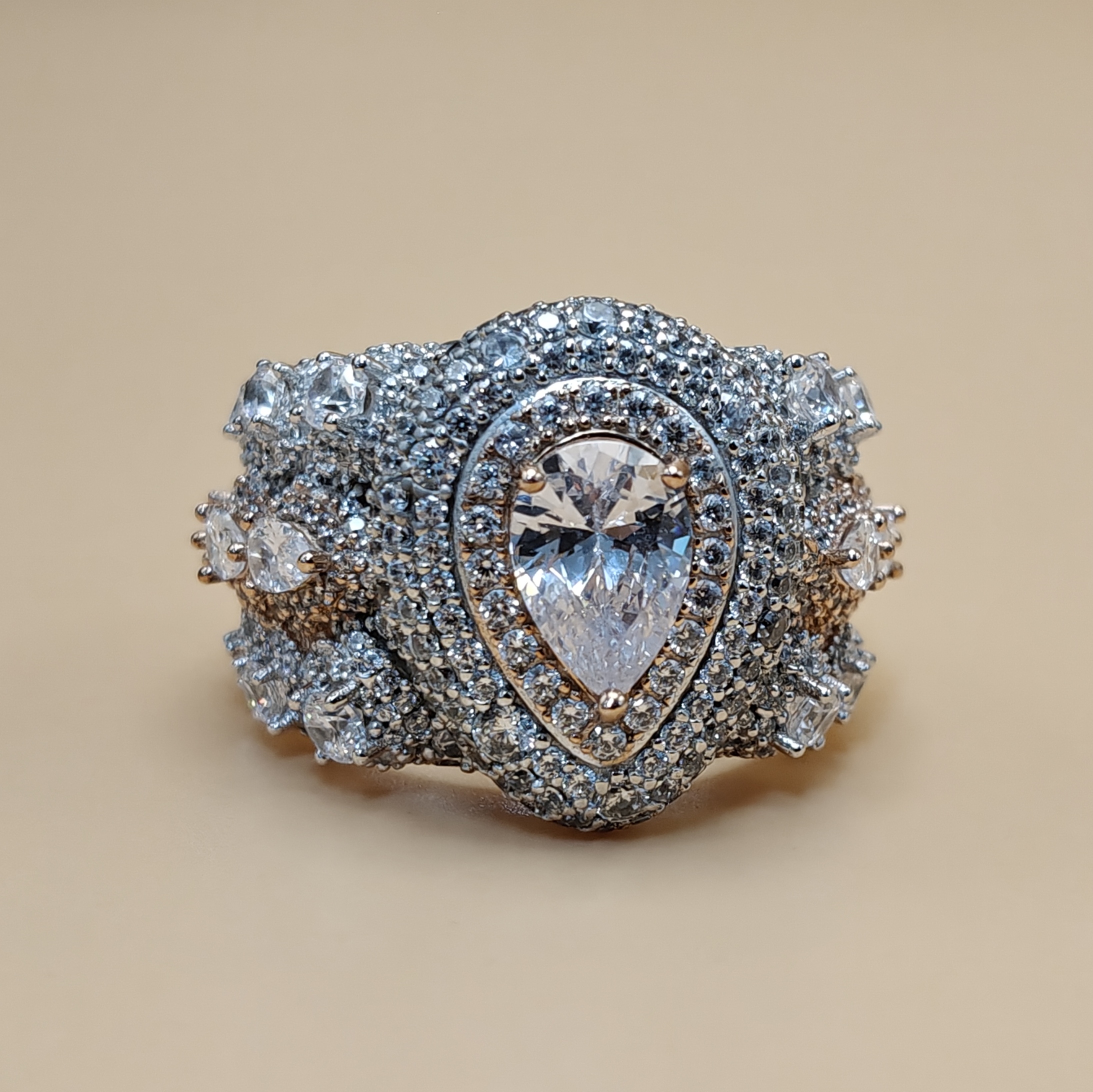 5ct Pear Cut With 12ct Side Stones Halo Pave Set Handmade Men's Rings