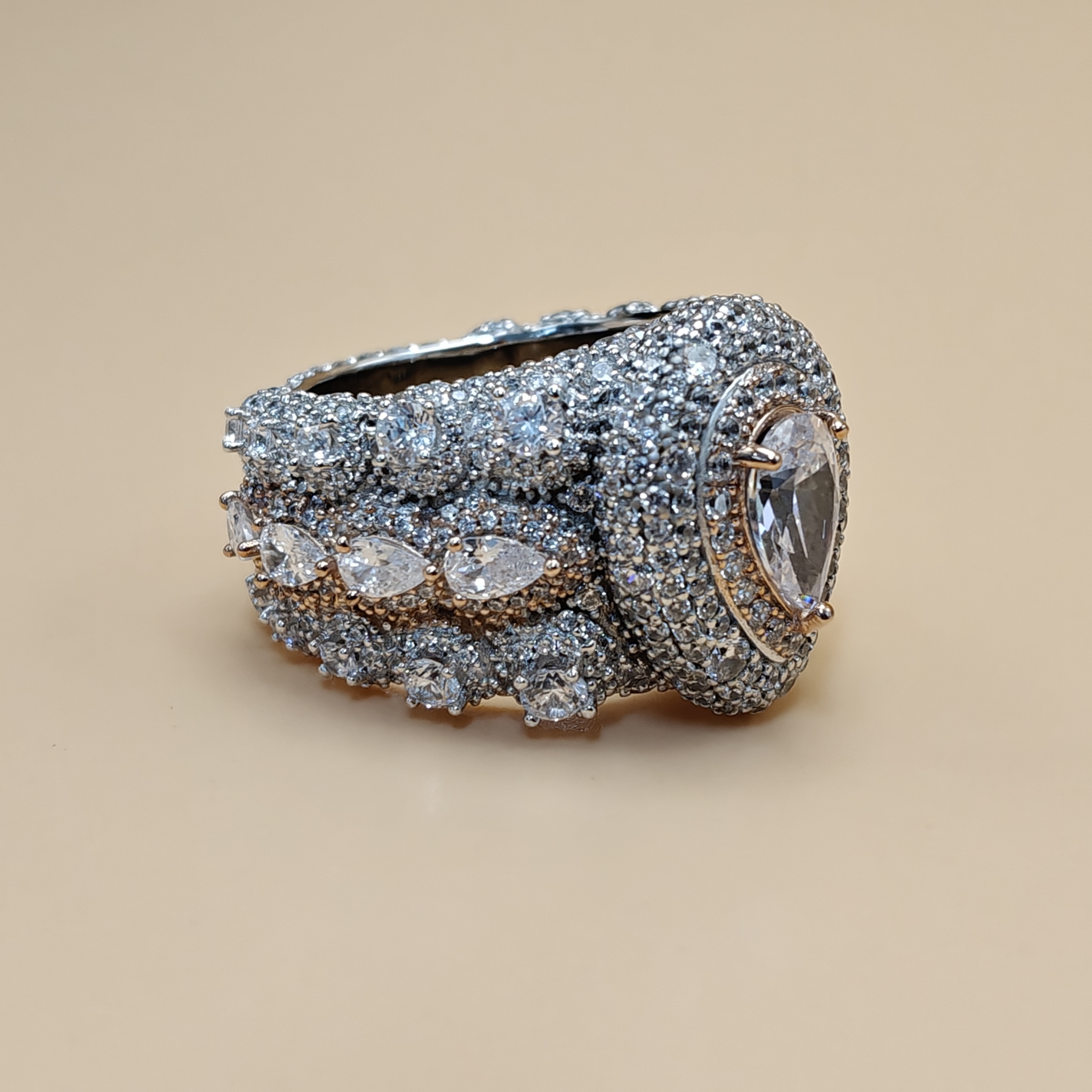 5ct Pear Cut With 12ct Side Stones Halo Pave Set Handmade Men's Rings