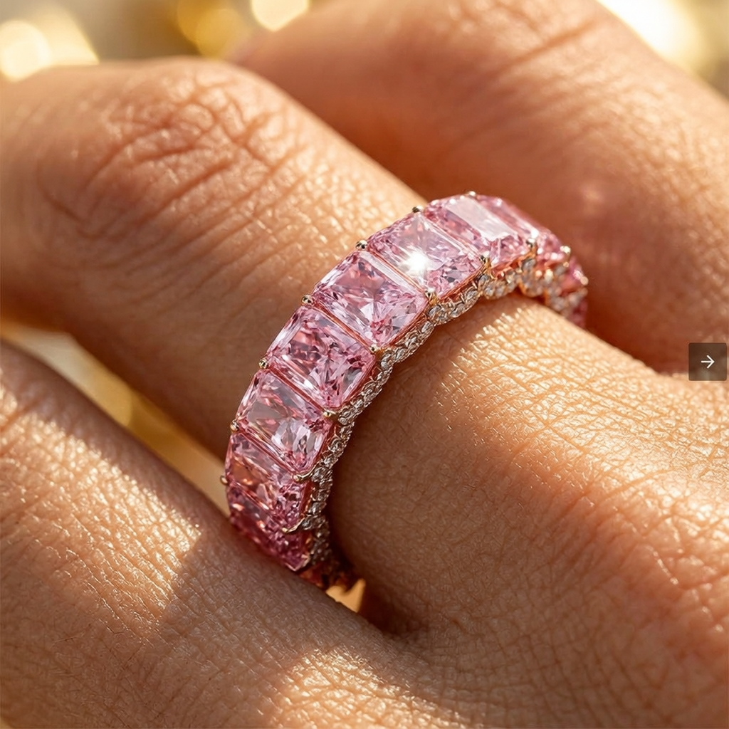 Radiant Cut Pink Stone Wedding Band