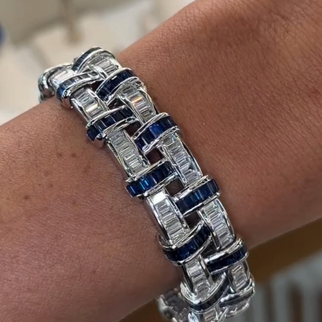Sapphire Blue & White Stone Basket Weave Bracelet
