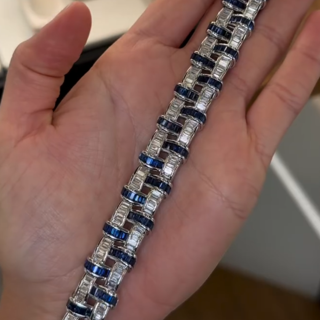Sapphire Blue & White Stone Basket Weave Bracelet