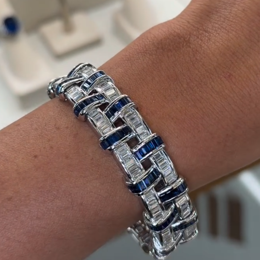 Sapphire Blue & White Stone Basket Weave Bracelet