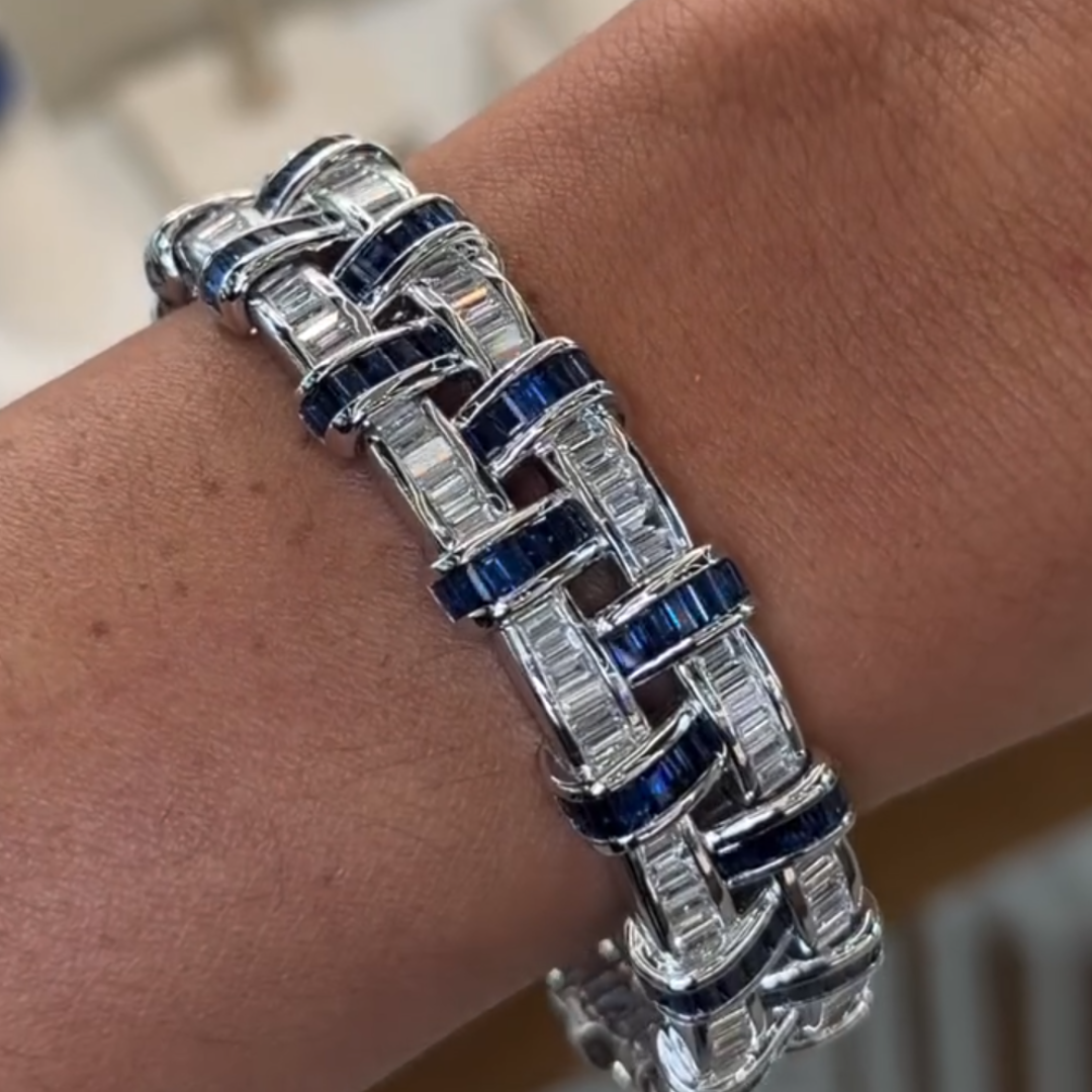 Sapphire Blue & White Stone Basket Weave Bracelet