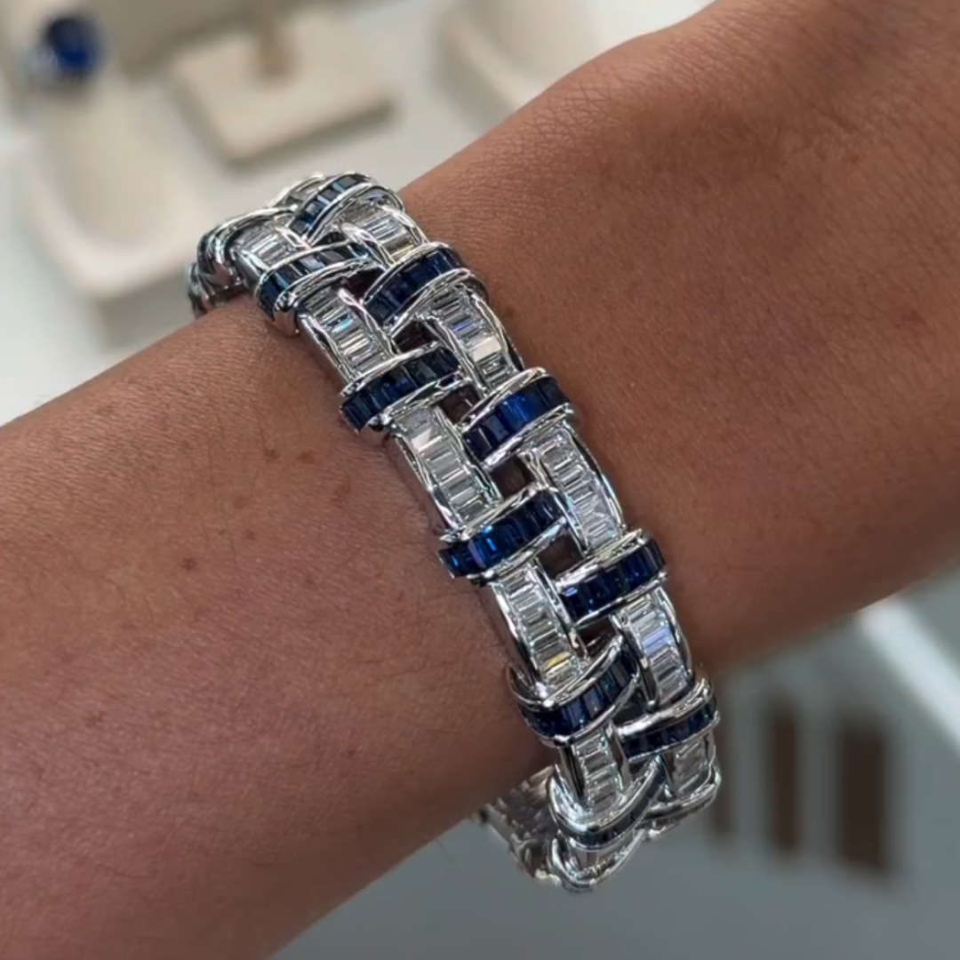 Sapphire Blue & White Stone Basket Weave Bracelet