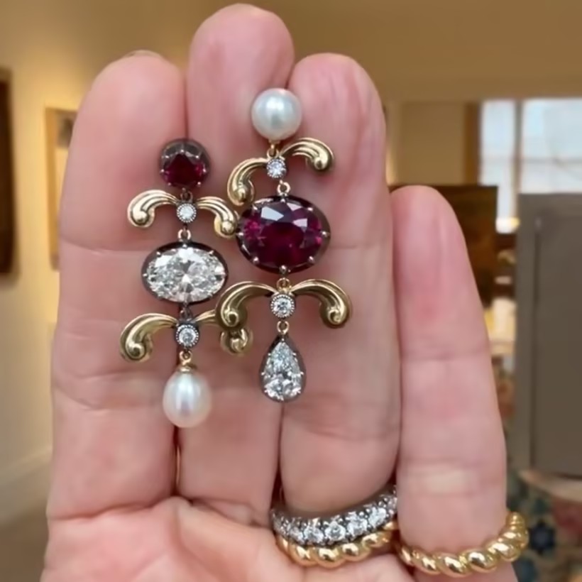 Retro Design Ruby & Pearl & White Stone Drop Earrings