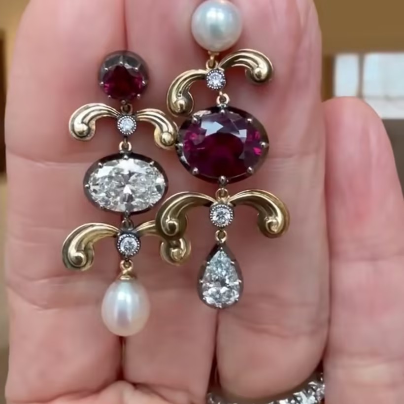 Retro Design Ruby & Pearl & White Stone Drop Earrings