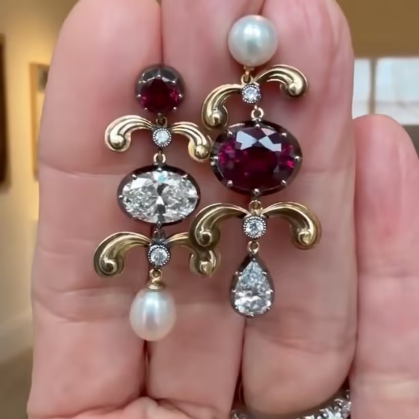 Retro Design Ruby & Pearl & White Stone Drop Earrings