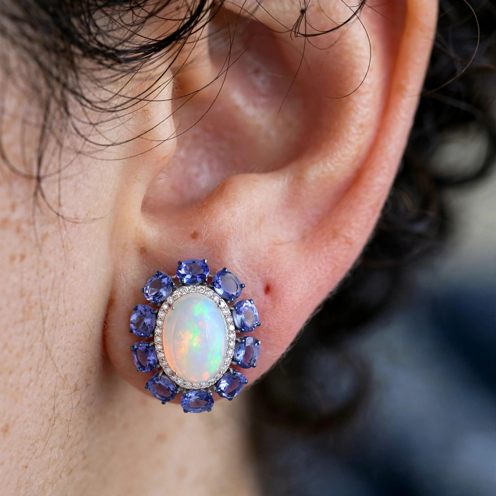 Opal & Sapphire Blue Modern Stud Earring
