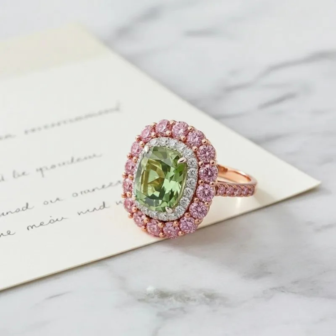 3.5CT Cushion Cut Light Green Sterling Silver Plated With Rose Gold Engagement Ring