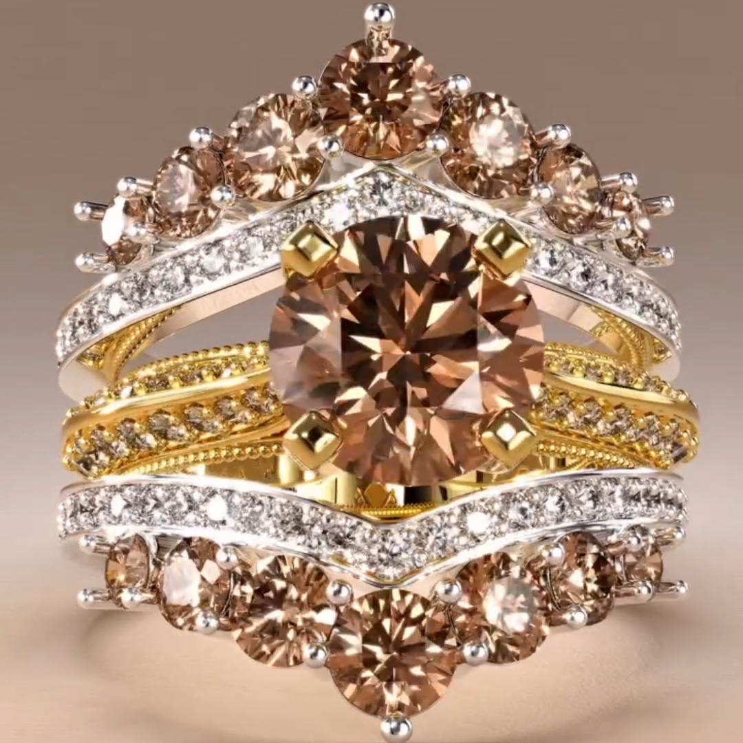 Crown Design Coffee Stone Stackabling Ring Set-3pcs