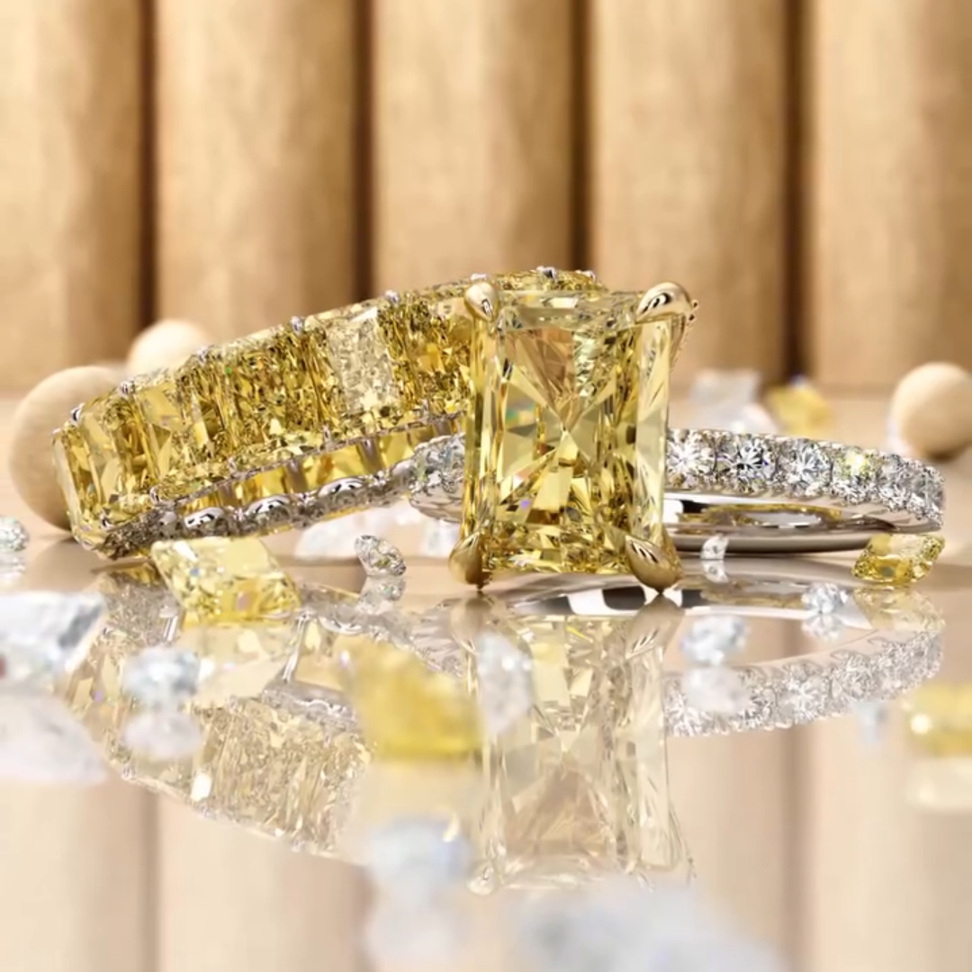 Under Halo 8ct Radiant Cut Yellow Stone Stackable Rings-2pcs