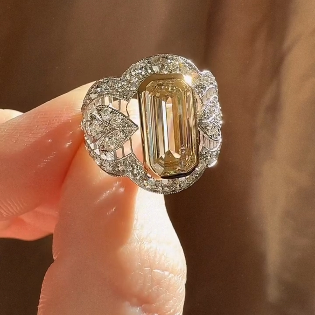 6.35ctw Art Deco Design Emerald Cut Yellow Stone Ring