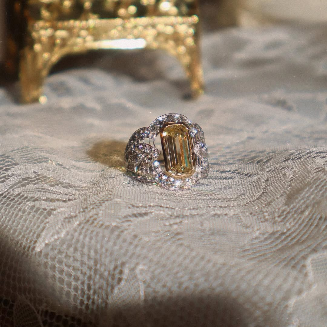 6.35ctw Art Deco Design Emerald Cut Yellow Stone Ring