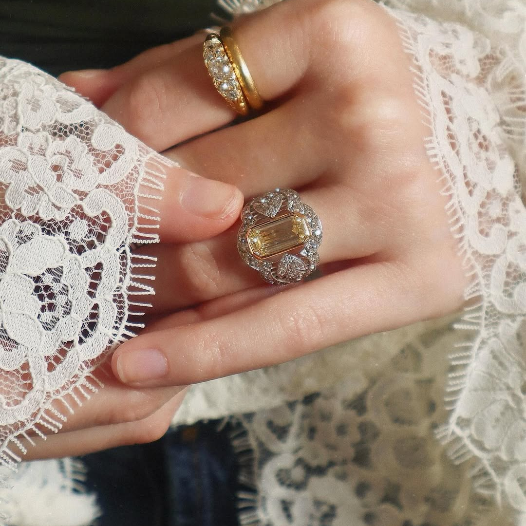 6.35ctw Art Deco Design Emerald Cut Yellow Stone Ring