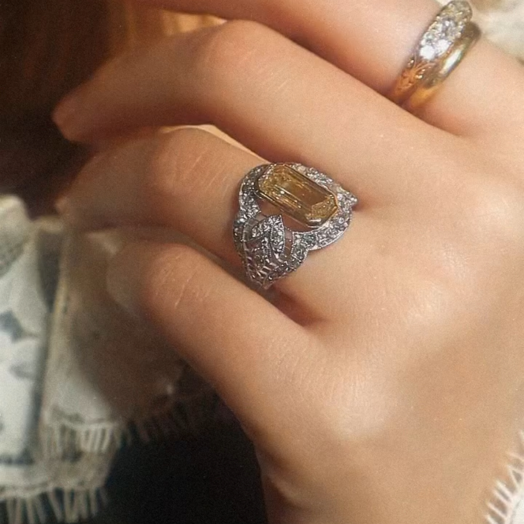 6.35ctw Art Deco Design Emerald Cut Yellow Stone Ring