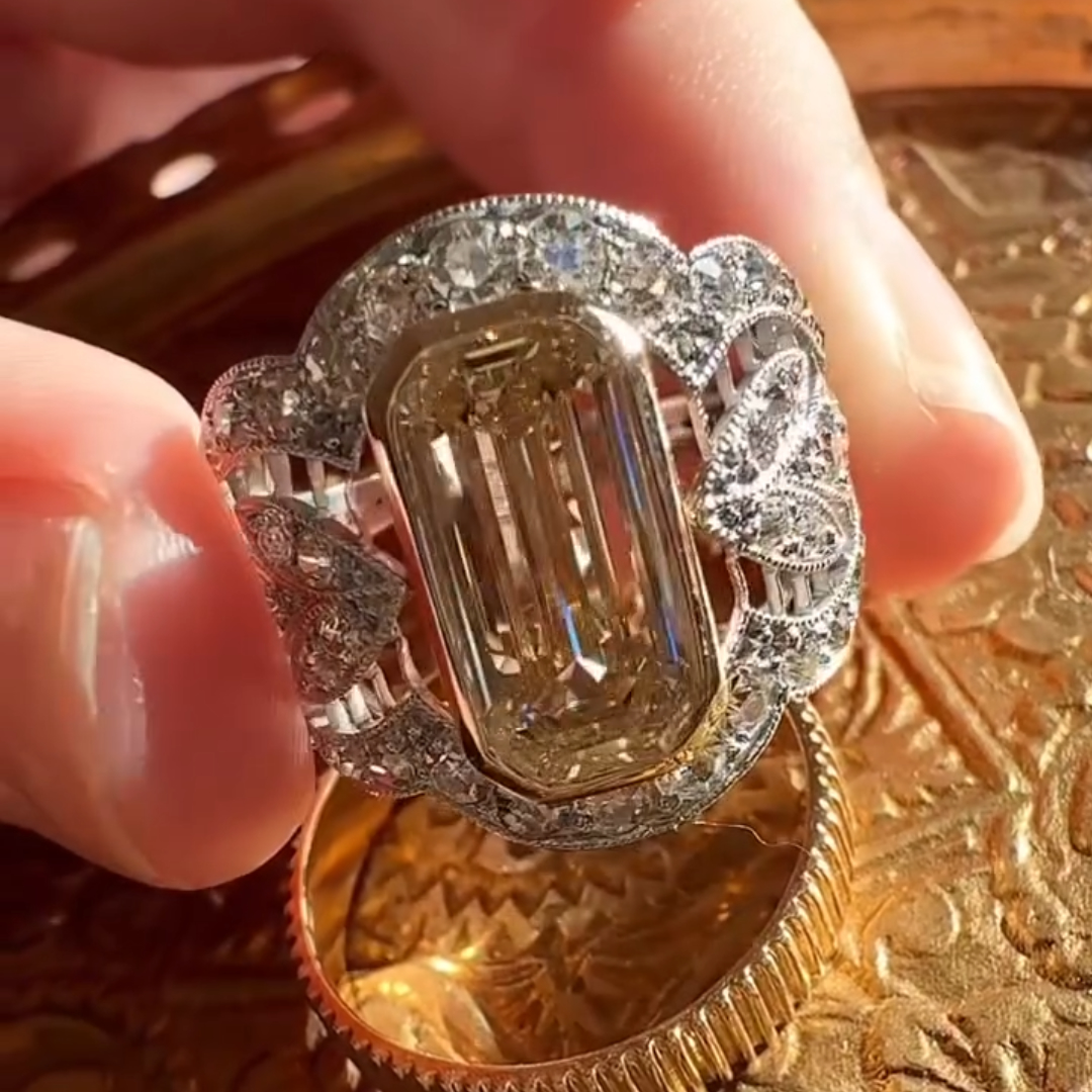 6.35ctw Art Deco Design Emerald Cut Yellow Stone Ring