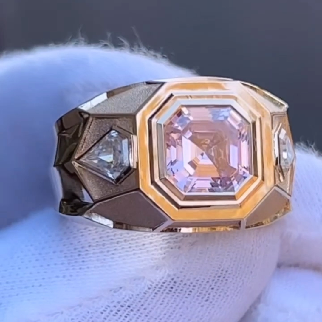 3ct Asscher Cut Pink Stone Ring for Men
