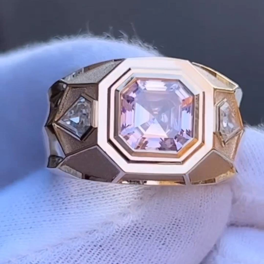 3ct Asscher Cut Pink Stone Ring for Men