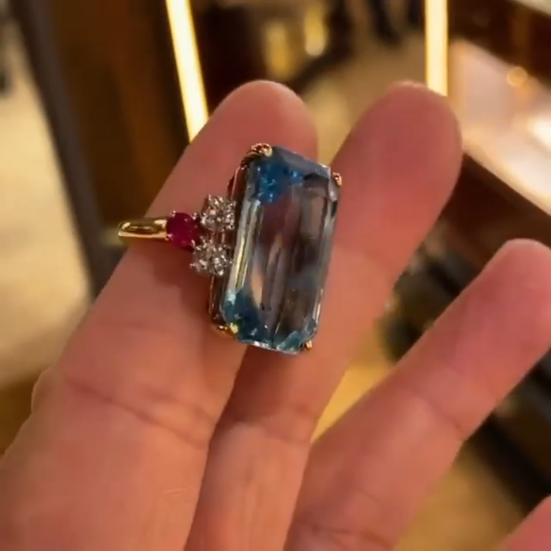 7ct Retro Aquamarine& Ruby & Diamond Ring