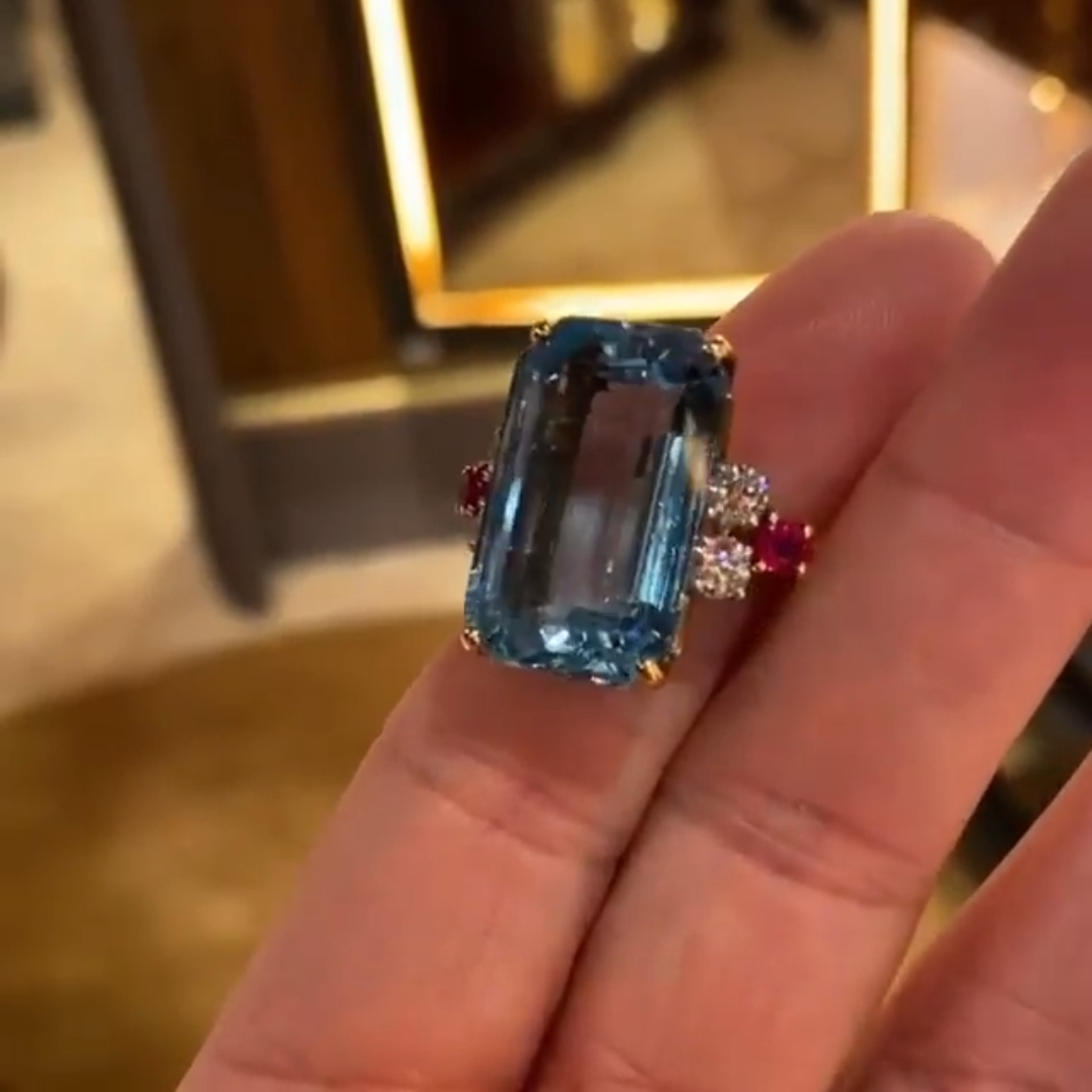 7ct Retro Aquamarine& Ruby & Diamond Ring