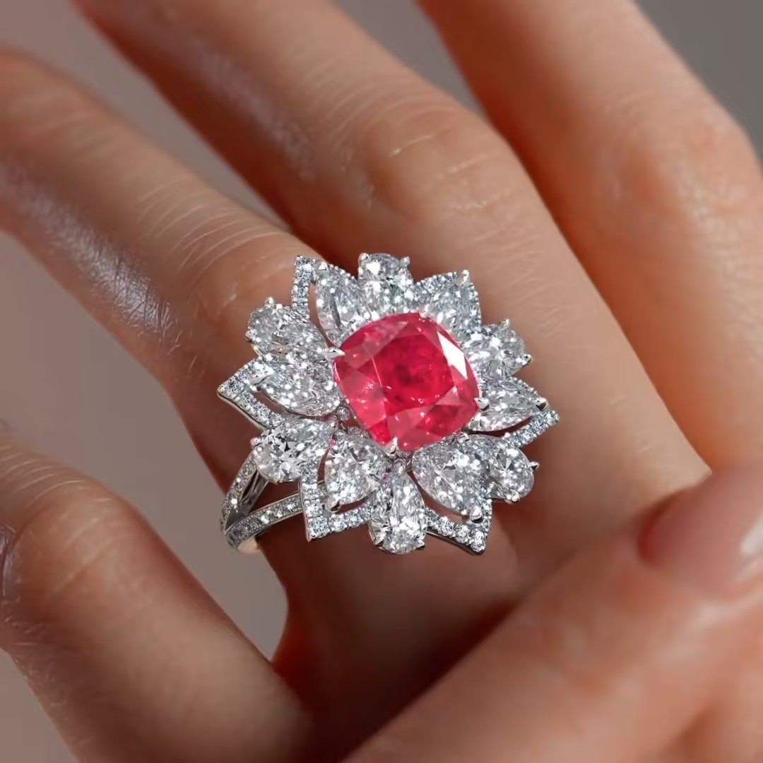 3ct Cushion Cut Ruby Flower Cocktail Ring