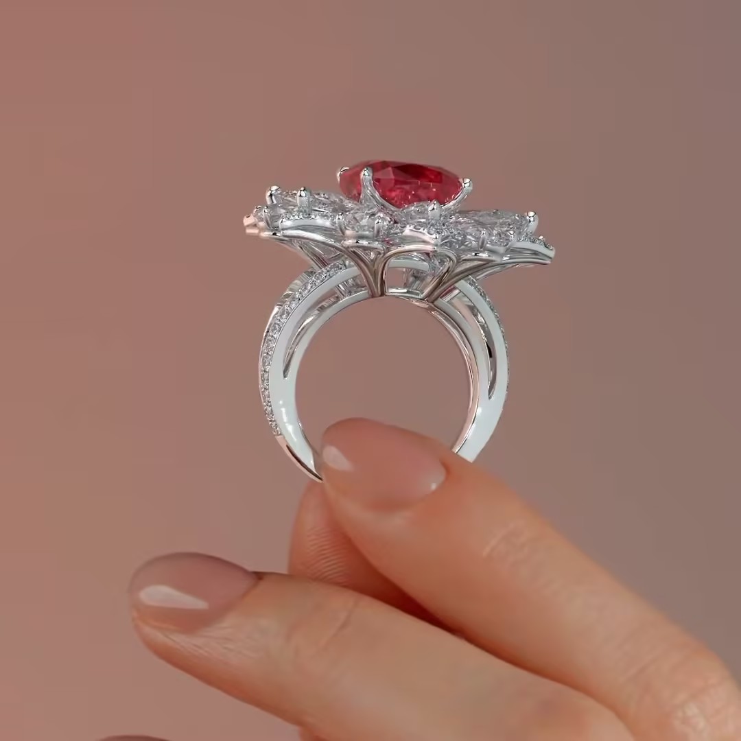 3ct Cushion Cut Ruby Flower Cocktail Ring