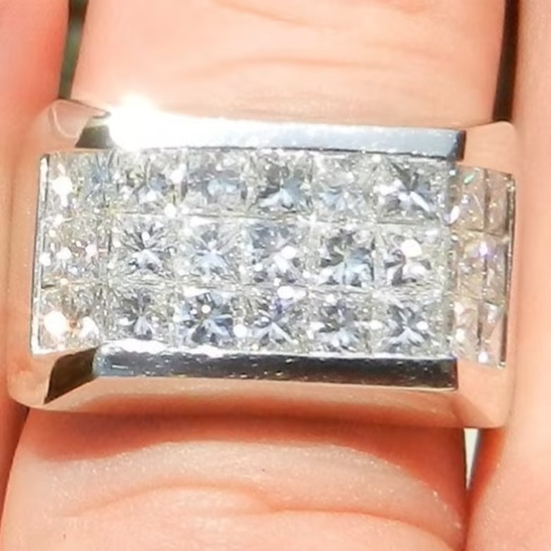 Men's 2.54 Carat Three-row  Invisible Set  Princess Cut White Stone Ring