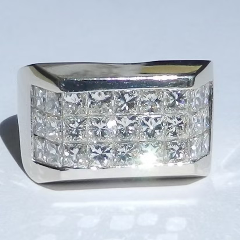 Men's 2.54 Carat Three-row  Invisible Set  Princess Cut White Stone Ring