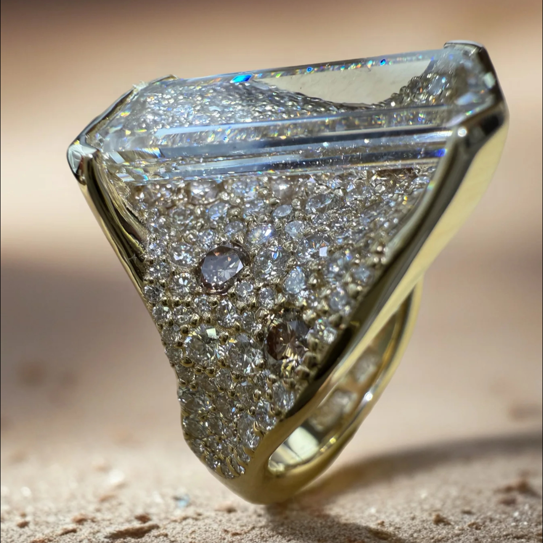 6.63 Its Portrait Cut Octagonal Step Lab Diamond Bridge Ring Mosaic Pavé Chocolate & White Diamon