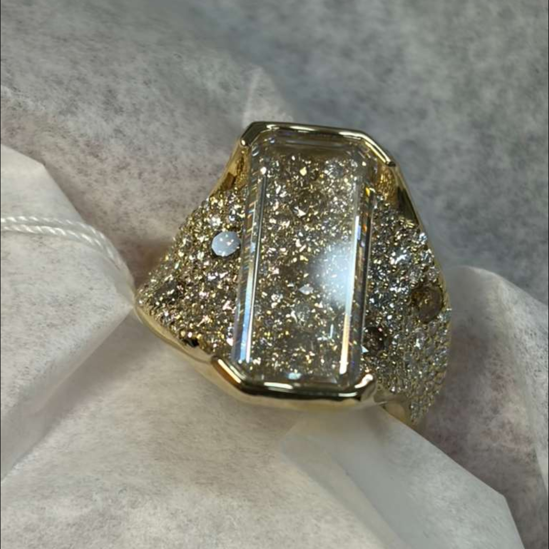 6.63 Its Portrait Cut Octagonal Step Lab Diamond Bridge Ring Mosaic Pavé Chocolate & White Diamon