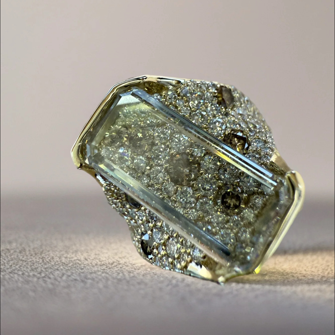 6.63 Its Portrait Cut Octagonal Step Lab Diamond Bridge Ring Mosaic Pavé Chocolate & White Diamon