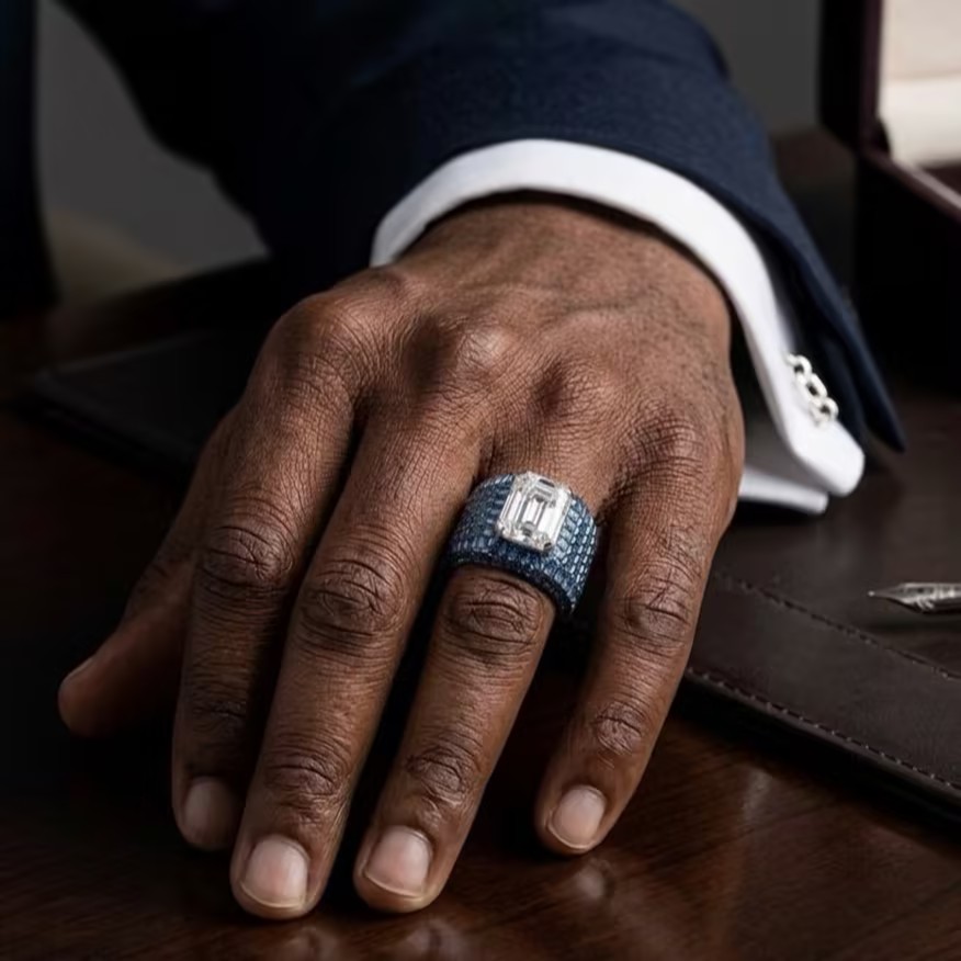 10ct Emerald Cut Ring with Pave Set Blue Sapphire for Men