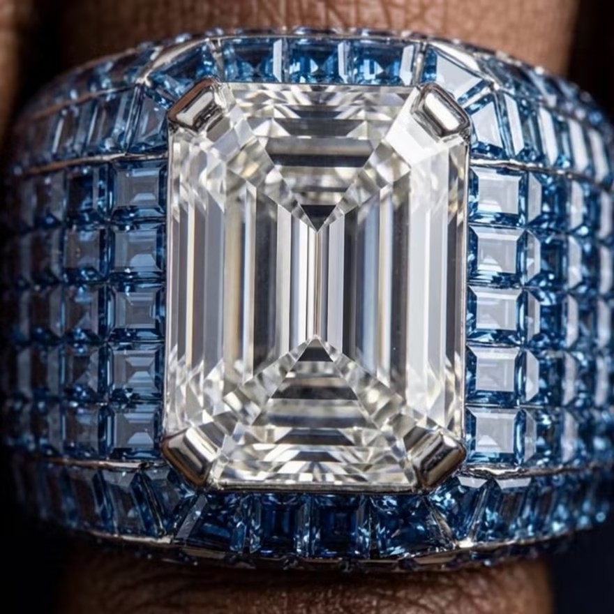 10ct Emerald Cut Ring with Pave Set Blue Sapphire for Men