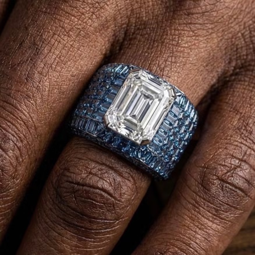 10ct Emerald Cut Ring with Pave Set Blue Sapphire for Men