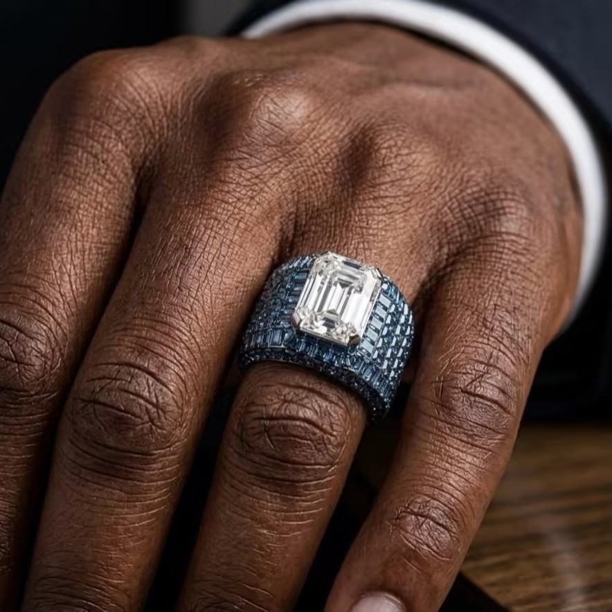 10ct Emerald Cut Ring with Pave Set Blue Sapphire for Men