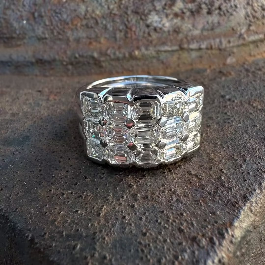 3.75ct Three-row White Stone Wide Band Ring
