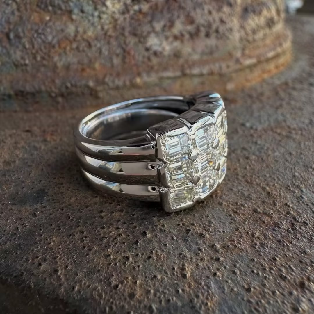 3.75ct Three-row White Stone Wide Band Ring