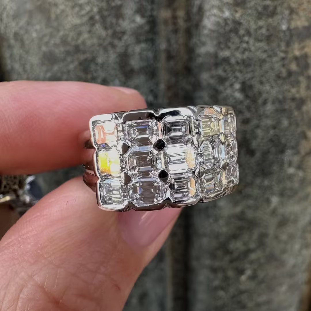 3.75ct Three-row White Stone Wide Band Ring