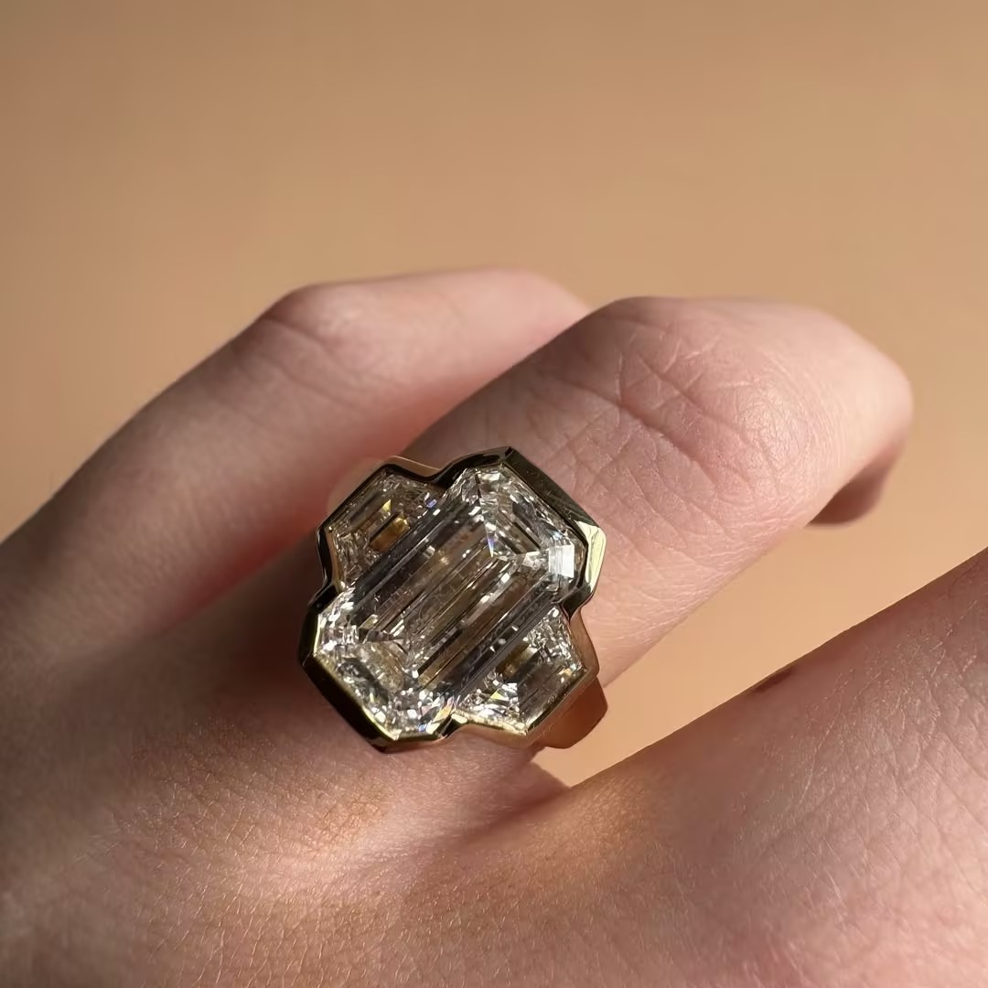 Contemporary Three-stone Elongated Emerald Cut White Stone Ring