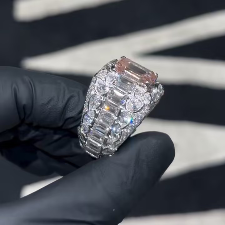 8ct Fancy Vivid Pink Emerald Cut Ring In Hip Hop Fashion