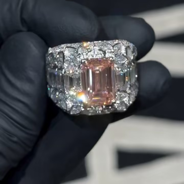 8ct Fancy Vivid Pink Emerald Cut Ring In Hip Hop Fashion