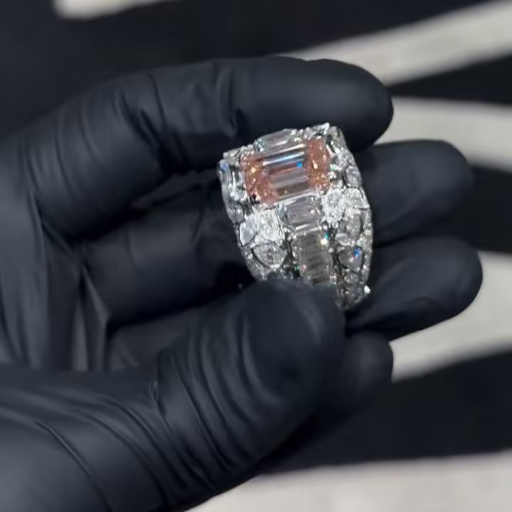 8ct Fancy Vivid Pink Emerald Cut Ring In Hip Hop Fashion