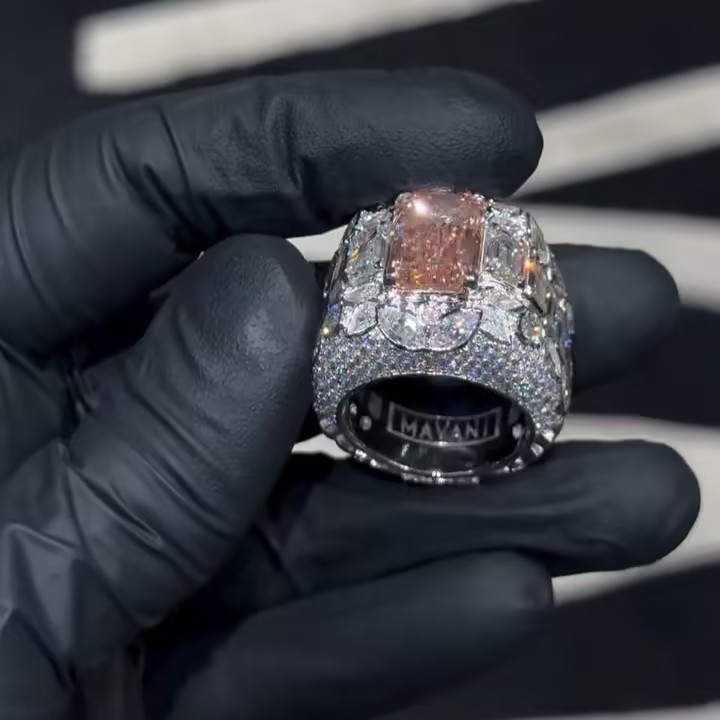 8ct Fancy Vivid Pink Emerald Cut Ring In Hip Hop Fashion