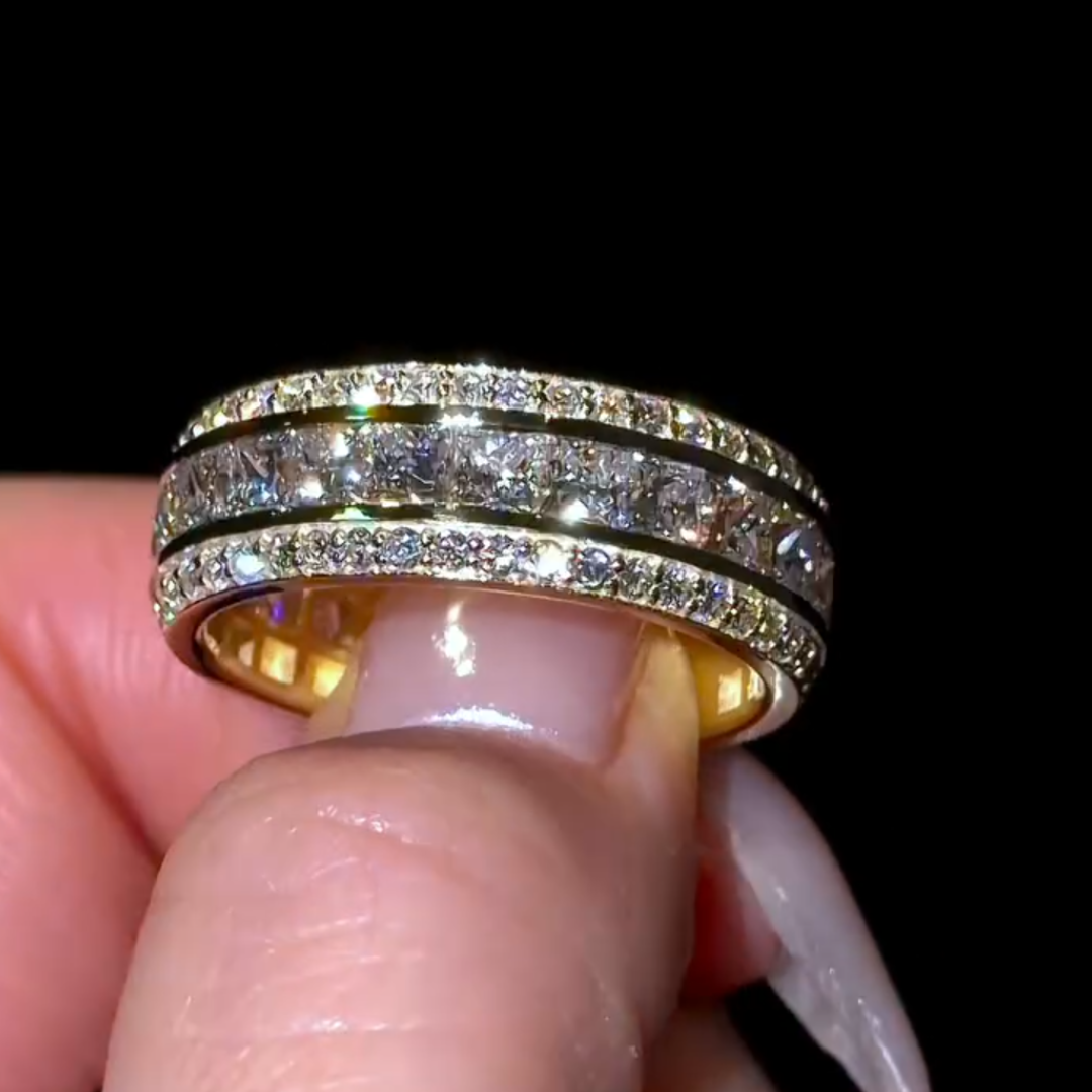 8mm Men’s Diamond Bevelled Edge Band  Channel Set Princess Cut White Stone In Gold Plating