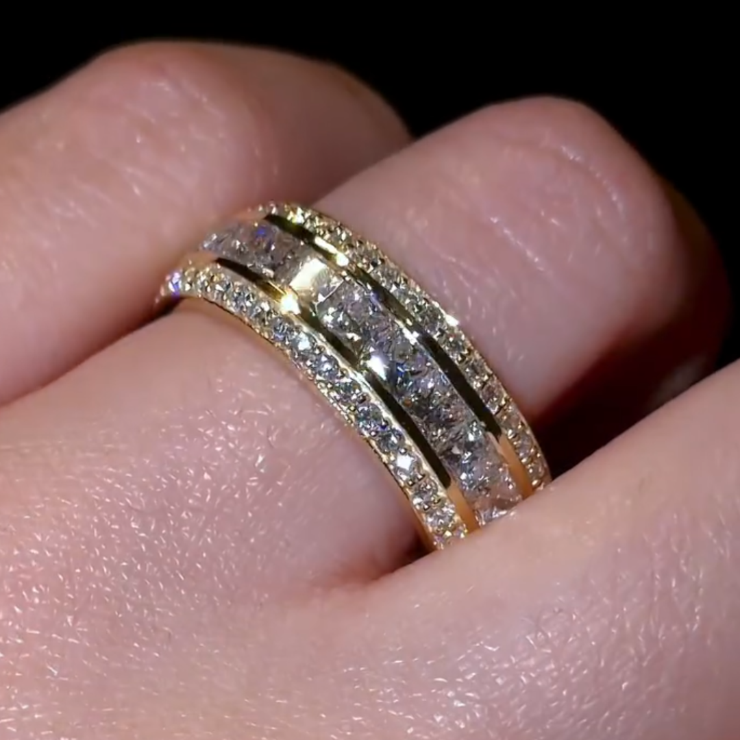 8mm Men’s Diamond Bevelled Edge Band  Channel Set Princess Cut White Stone In Gold Plating