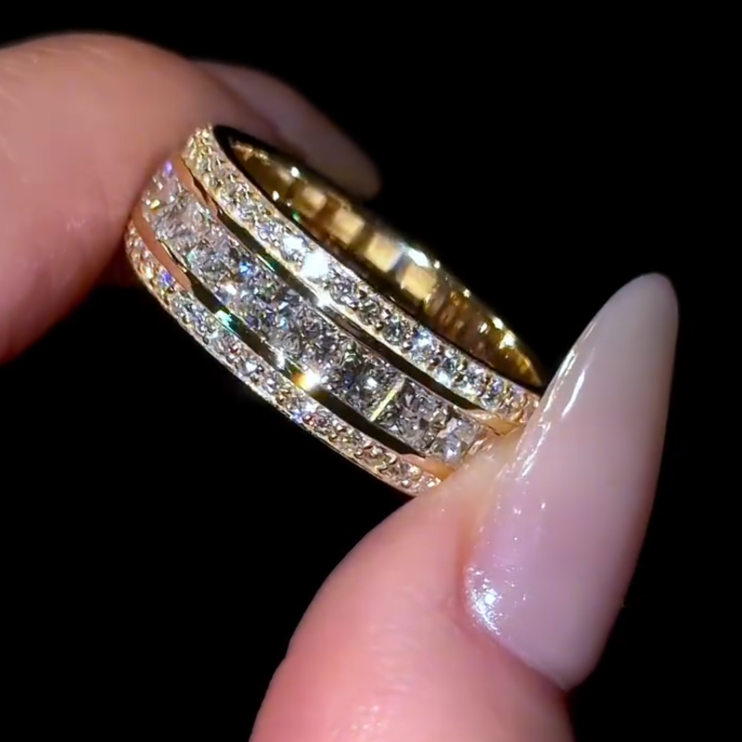 8mm Men’s Diamond Bevelled Edge Band  Channel Set Princess Cut White Stone In Gold Plating